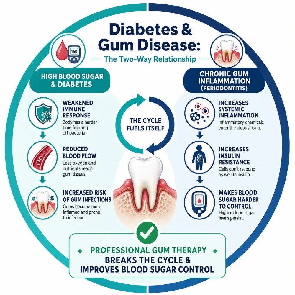 Circular diagram showing the two-way relationship between diabetes weakening gum immunity and gum inflammation causing insulin resistance