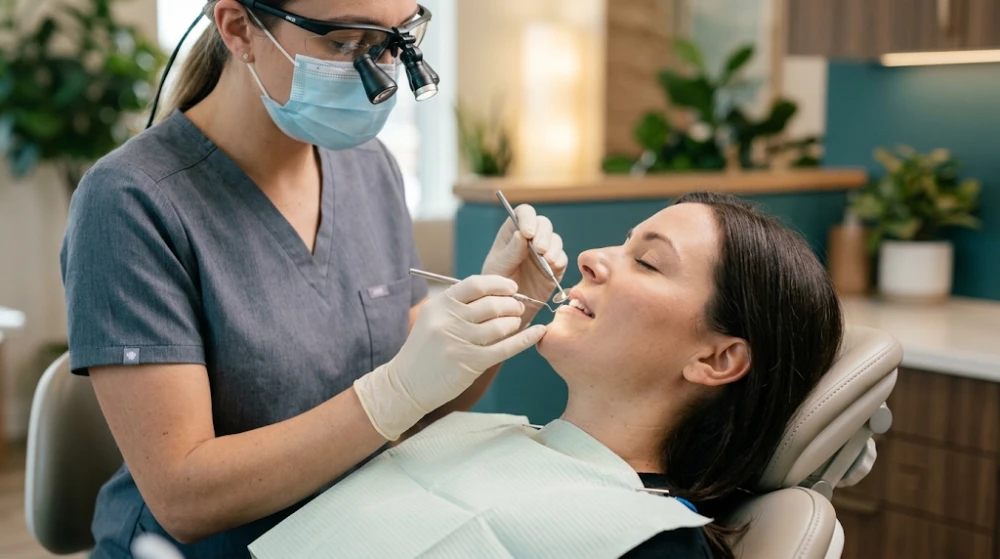 Dental hygienist performing a gentle and comprehensive gum health assessment on a patient in a calming clinic environment