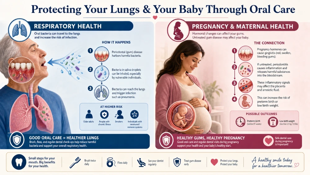 Split infographic explaining how oral bacteria can cause lung infections like pneumonia and how pregnancy gingivitis and periodontitis impact maternal health