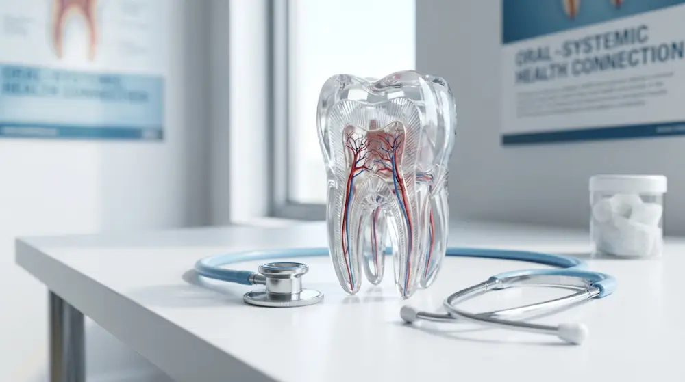 Connection Between Dental Hygiene and General Health Clear anatomical tooth model next to a medical stethoscope representing oral-systemic health.