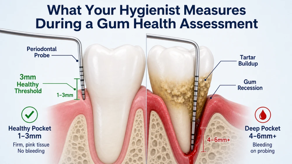 Diagram of periodontal probing comparing a healthy 1 to 3 millimeter gum pocket against an infected pocket deeper than 3 millimeters with bleeding and tartar