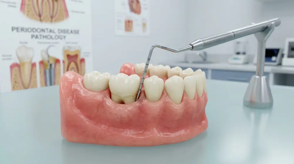 Periodontal Disease and Deep Cleaning Therapy Anatomical dental model illustrating healthy gum tissue and periodontal pockets.