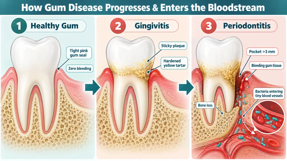 Three-stage dental diagram showing healthy gums, gingivitis from plaque and tartar, and periodontitis with deep pockets allowing bacteria into the bloodstream