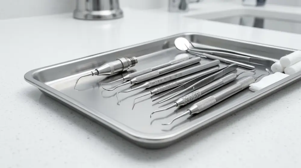 Dental Hygiene Scaling and Preventative Cleaning Instruments Clean and sterile dental scaling instruments for preventative teeth cleaning.