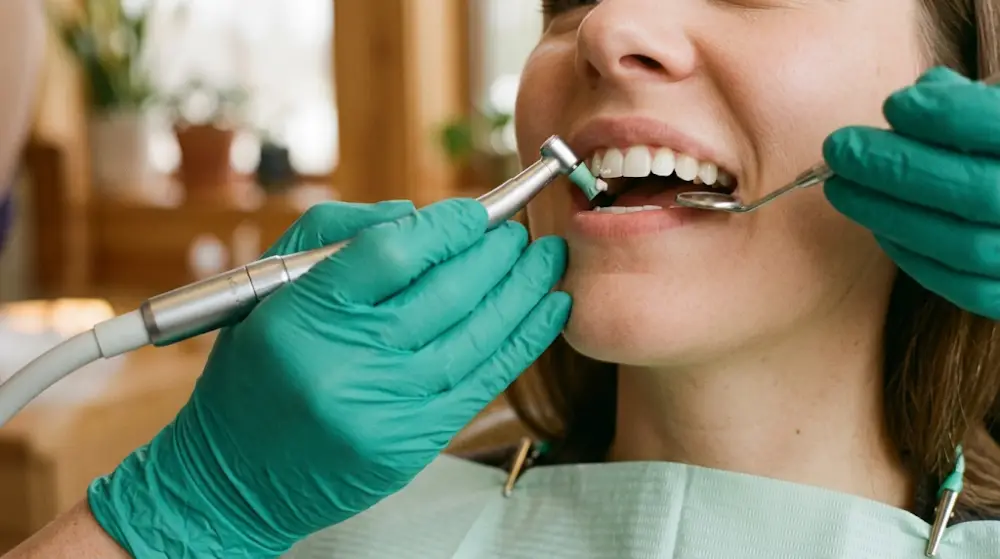A dental hygienist performing a gentle ultrasonic scaling and teeth polishing procedure on a patient.
