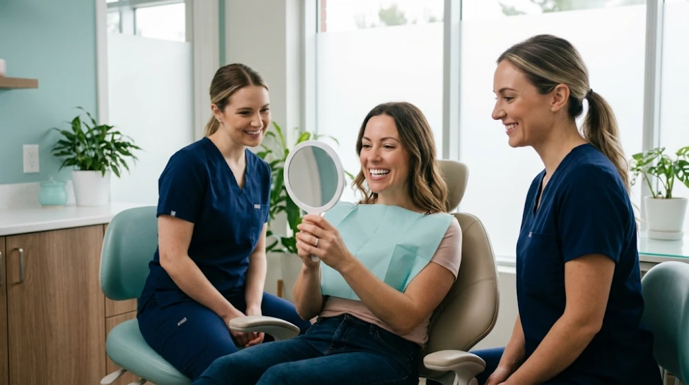 A patient with a brilliantly white smile looking in a handheld mirror after a professional teeth whitening session