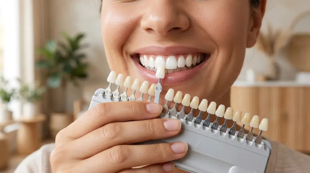 A patient comparing their bright smile to a dental shade guide after a professional teeth whitening treatment.