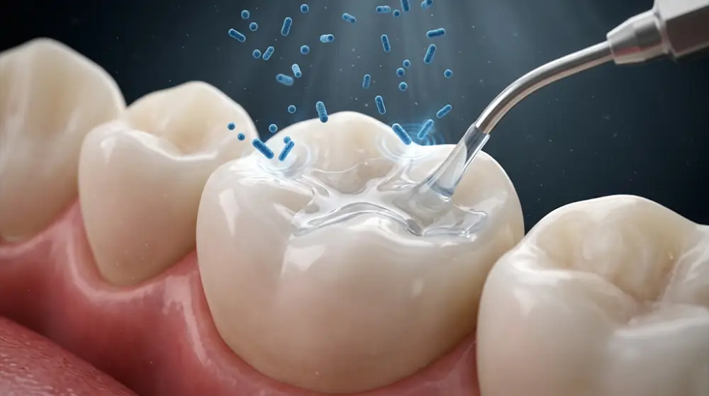 An illustration showing a protective dental sealant filling the deep crevices of a molar tooth to block bacteria.
